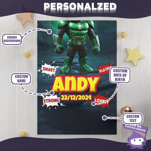 Personalized Baby Superhero Blanket – Green Lantern Style | Custom Name, Date & Background